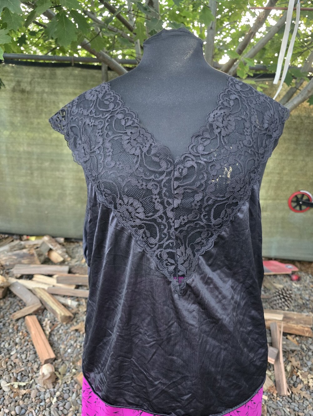 Vtg 80's Black V-Neck Nylon Lace Lingerie Top Dark Romance Old Hollywood Glam